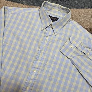 Brooks Brothers Shirt L Woven in Italy Blue Yellow Check Button Down USA Made